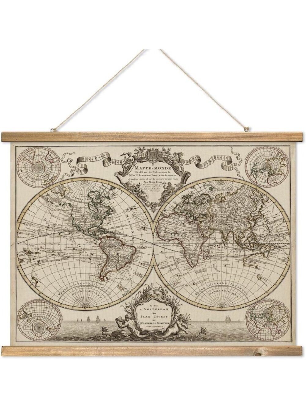 Vintage 17th Century World Map Print on Linen with Wooden Hanger, Retro Wall
